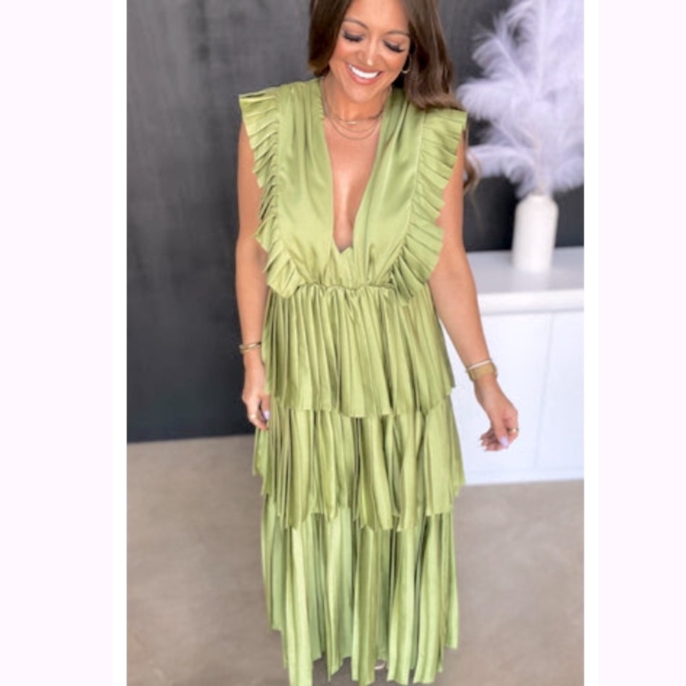Moss green pleated satin ruffle maxi dress